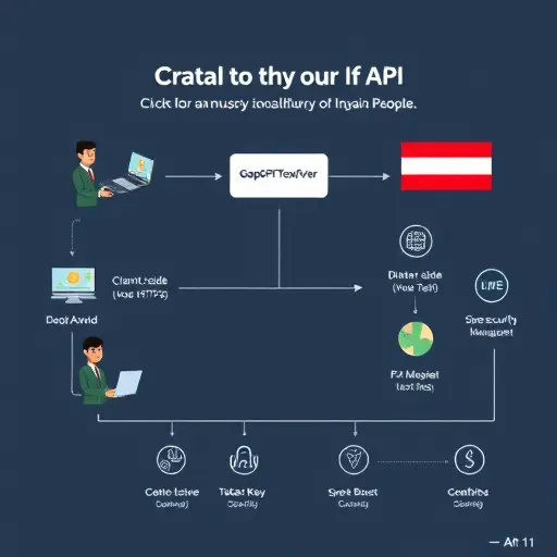 flowchart showing client-side (Vue.js) making an API call over secure HTTPS, data flow travels directly to GapGPT server, icons for token/key management, data security, speed boost, cartoon style, text-free