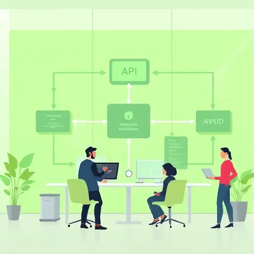 modern API architecture diagram illustration for vue.js frontend and ai backend, animated flow with code snippets in the background, green accent, no text
