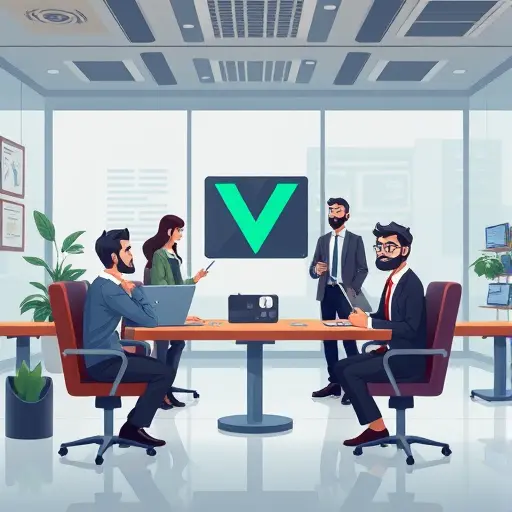 cartoon style frontend to backend data flow, showing Vue.