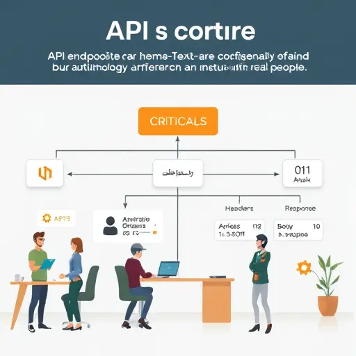 infographic illustration of API endpoint structure for AI services, cartoon icons for path, headers, body, response JSON, with a highlighted