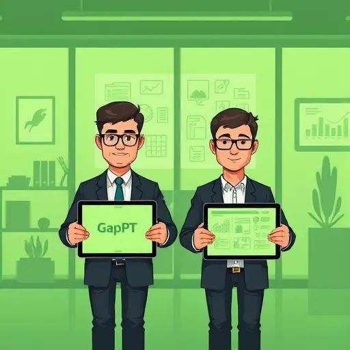 (GapGPT), the other cluttered and in English, both shown on digital tablets, tech green and dark palette, no text