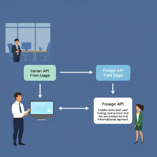 workflow diagram showing cost flow for AI API usage in Django: two paths, one using Iranian API (GapGPT) with easy payment and no sanctions, and another foreign API path needing sanctions breaker and international payment, cartoon style, text-free