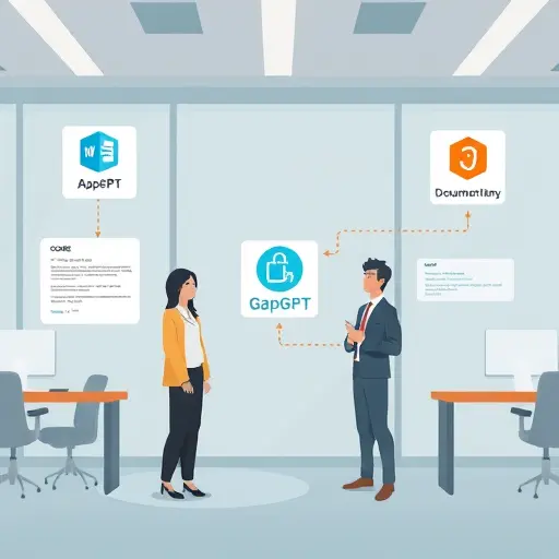 abstract illustration of API documentation flow in a Django project, branching lines from code to documentation, to secure API key storage, GapGPT and Django logos as icons, text-free