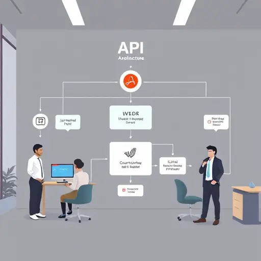 modern API architecture diagram illustration, animated data flow visualization showing frontend sending user prompt to Django backend, backend calling AI API, and flow of JSON response, clean, text-