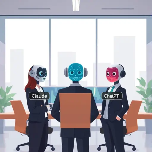 modern API multi-'s app to three AI icons labeled Claude, Gemini, ChatGPT, clean tech colors, no text, Iranian patterns blended in
