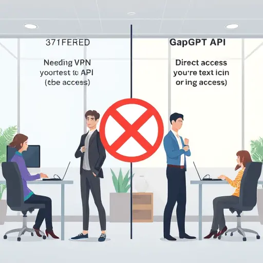 abstract geometric cartoon illustration showing differences between needing VPN (crossed icon) and direct access to API, with GapGPT API logo, symbolized as easy access, soft Iranian color palette, text-free
