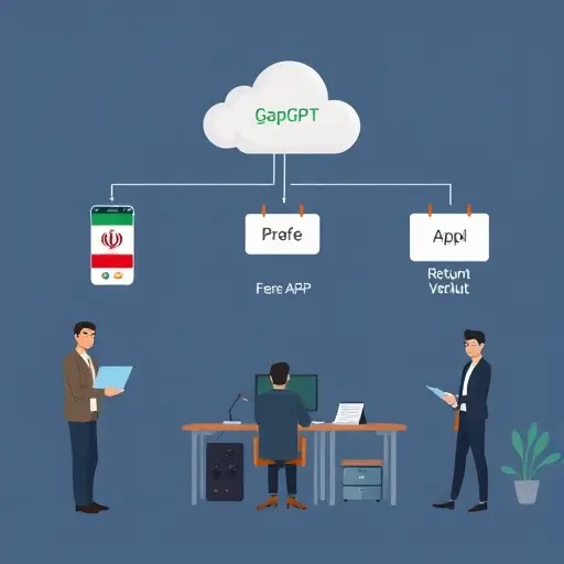 professional cartoon workflow diagram: app sends suspicious input to AI API cloud (GapGPT logo), API returns JSON verdict labeled