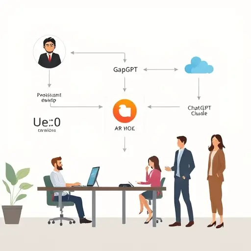 flowchart style illustration showing simple data flow: Iranian developer → GapGPT API cloud → AI model (ChatGPT/Claude/Gemini) →