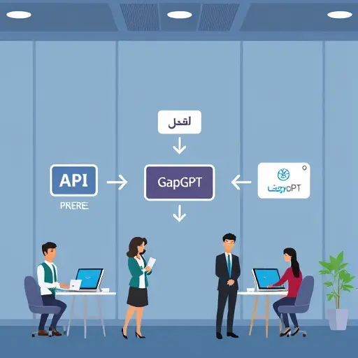 modern API integration sequence diagram, showing animated arrows between client, GapGPT, and ChatGPT servers, abstraction of Python, Node.