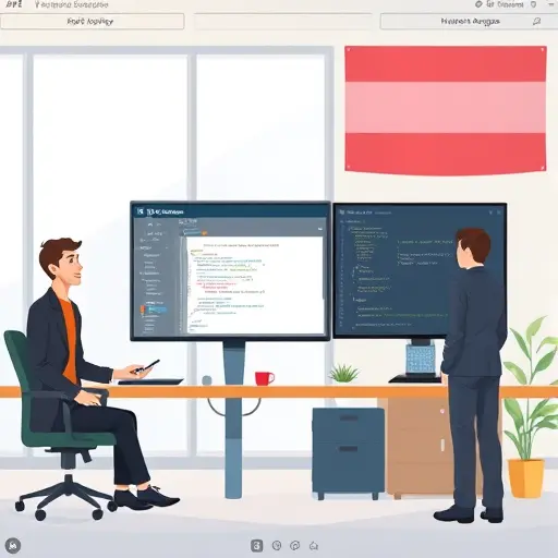 modern API code integration scene, cartoon style, showing Python code editor window with API call, a separate code analysis response window, and Iranian-