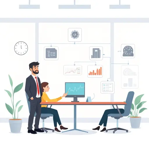 cartoon tech workflow diagram: