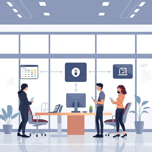 abstract illustration showing data flow between frontend (app), backend server, and external AI API, including token security, in a technology animation style, no text