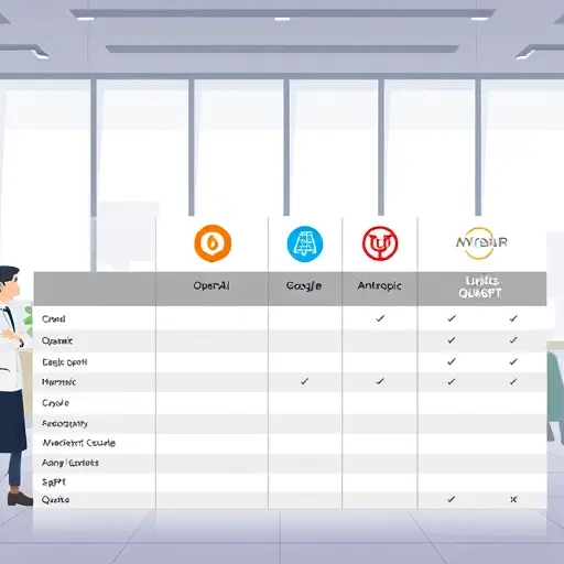 technology-themed comparative table illustration of AI API providers, icons for OpenAI, Google Gemini, Anthropic Claude, and GapGPT, columns for limits and quotas, clean and text-free
