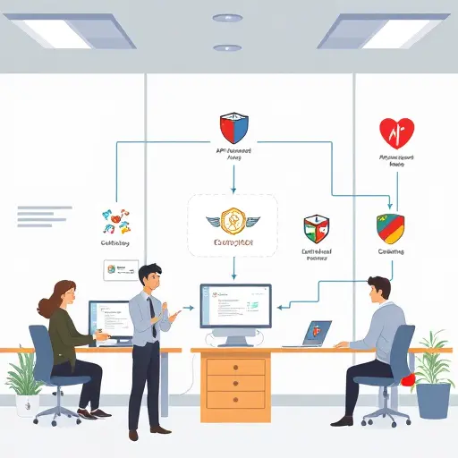 cartoon-style illustration of secure backend API workflow, showing API key flow server-side, database, request logs, shield icons representing rate limiting and validation, text-free