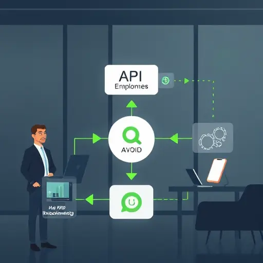abstract tech integration flowchart showing AI API endpoints, JSON request and response, and an app connecting via secure API, animation style, green accent, no text