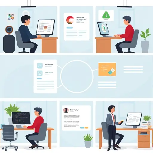 abstract multi-panel illustration showing various machine learning API tasks: summarization, text classification, info extraction, all animated, Python scripts, no text