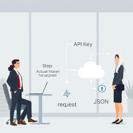 step-by-step integration flow of machine learning API into software, animated bullets for API key, sending request, JSON processing, code and cloud icons, minimalist chart, text-free