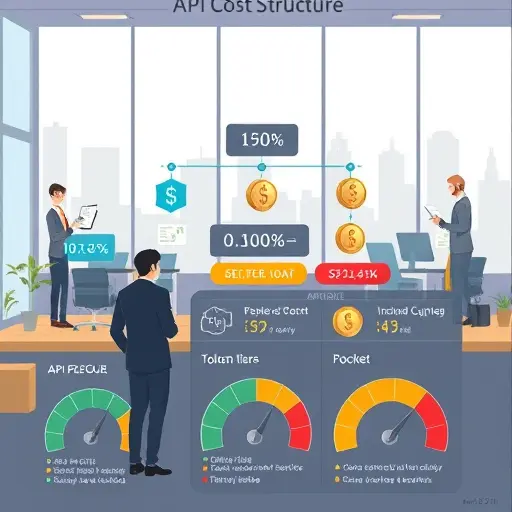 animated infographic of API cost structure, showing cloud service tiers, token counters, coins or bills (dollar and Iranian rial), and usage gauges, cartoon/tech style, text-free