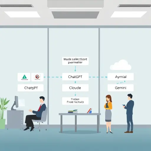 animated code-flow diagram showing API request from app, model selection parameter, and splitting to different AI models (clouds labeled as ChatGPT, Claude, Gemini)