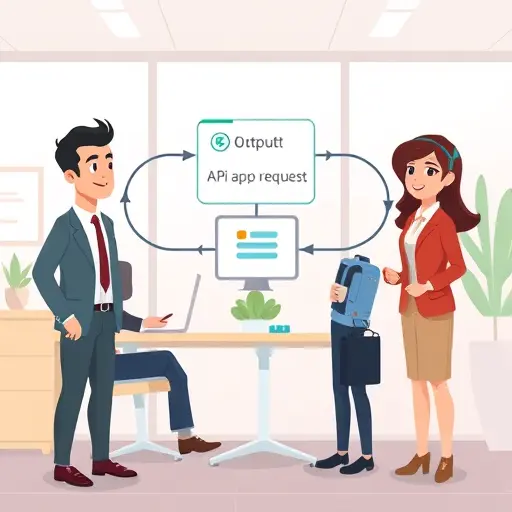 modern API integration diagram cartoon style, showing user input, API request/response cycle, and output box, vivid colors, text-