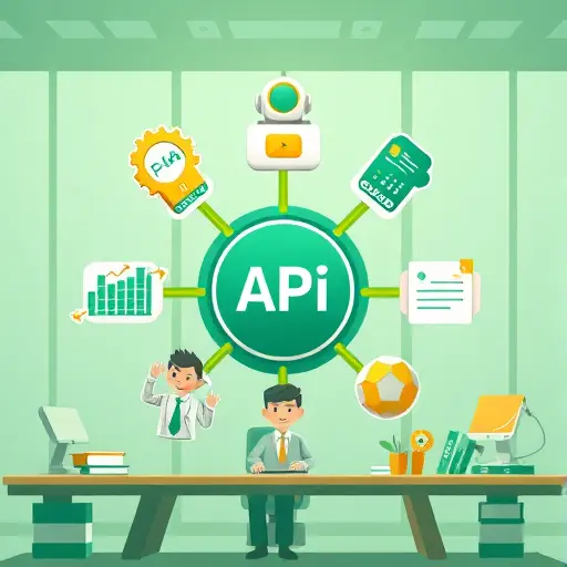 modern illustrated use case icons clustered around a central API, including chatbot, content generator, FAQ, code assistant, sentiment analysis, all in animated cartoon style, green and gold theme, no text