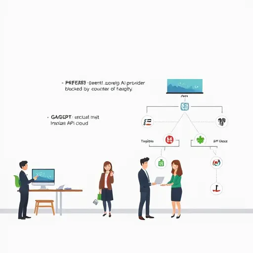 decision tree chart showing failed API request to foreign AI provider blocked by sanctions, then alternate success path to GapGPT Iranian API cloud, animated cartoon style, minimal icons, clean tech look, text-free