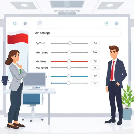 cartoon-style illustration of API settings interface, sliders and toggles for parameters like temperature, max tokens, top_