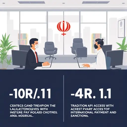 infographic style illustration showing traditional API access with international payment and sanctions vs.