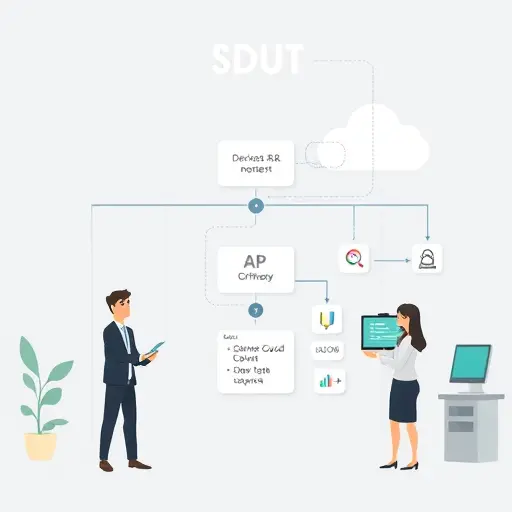 modern API architecture diagram showing flow of request and response between a software project and AI API endpoint, cartoon style, minimalist icons for code, cloud, and JSON data, text-free
