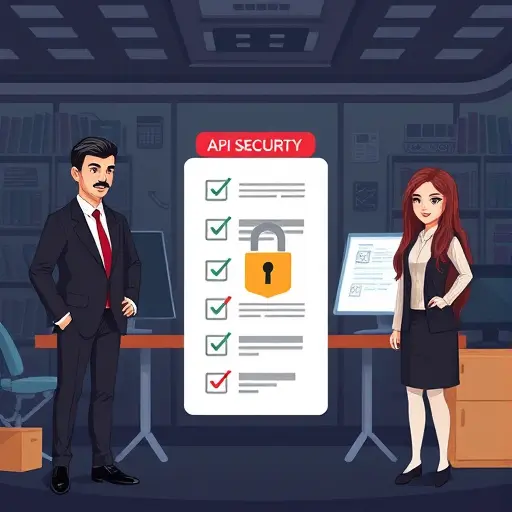 API security checklist illustration, icon for HTTPS, shield/lock, rate limit counter, environment variable lock, cartoon style, dark tech background, text-free