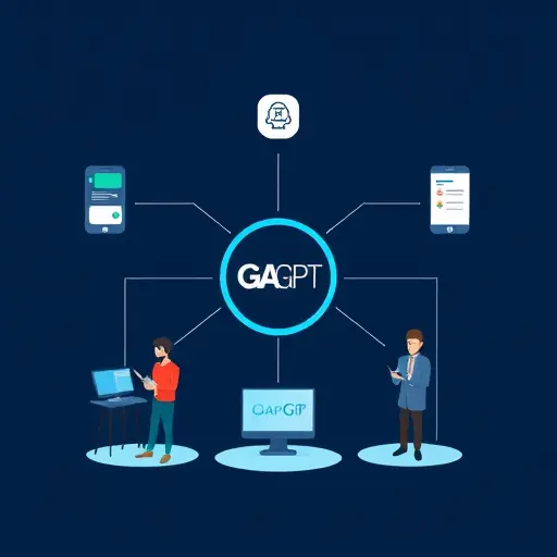 abstract tech diagram showing three Farsi-language mobile apps (chatbot, news app, form editor) each sending requests to an API gateway (GapGPT logo), responses flow back as right-to-