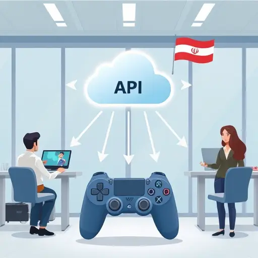 cloud API icon in the center, game controller below, data arrows flowing directly from API to game without obstacles, illustrative cartoon style, subtle Iranian design in background, no text