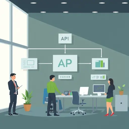 modern API architecture diagram illustration showing game client, middleware, and AI API interaction, clean animation, dark and green color scheme, no text