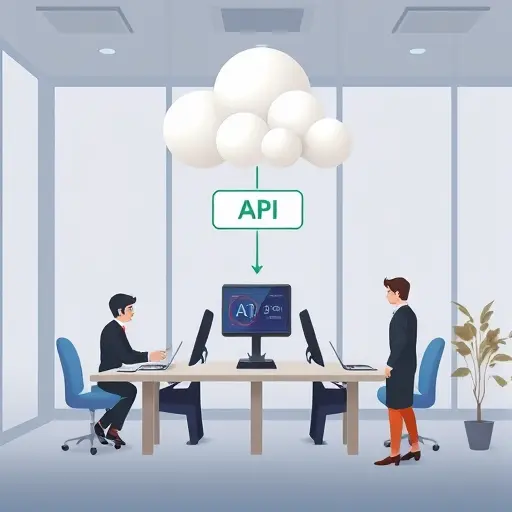 animated client-server architecture diagram showing Unity game engine sending request to AI API (cloud), receiving JSON response;