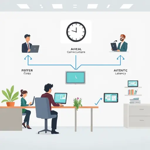 modern cartoon flowchart, client game software making AI API call, timer/clock visualizing latency, 