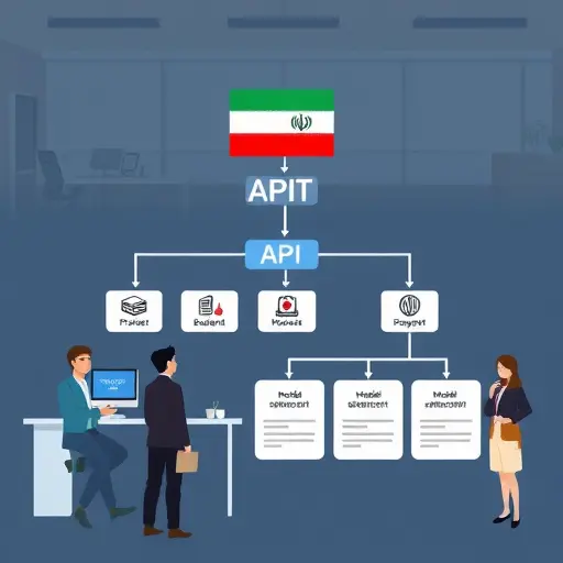 API integration workflow diagram, cartoon-style backend architecture with Iranian symbols, arrows indicating data flow from game backend to GapGPT API, model selection modules, text-free