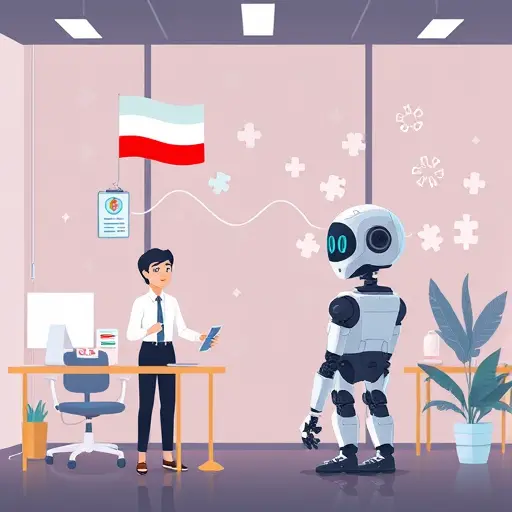 creative cartoon showing coding challenges as puzzle pieces, animated AI assistant (robot)