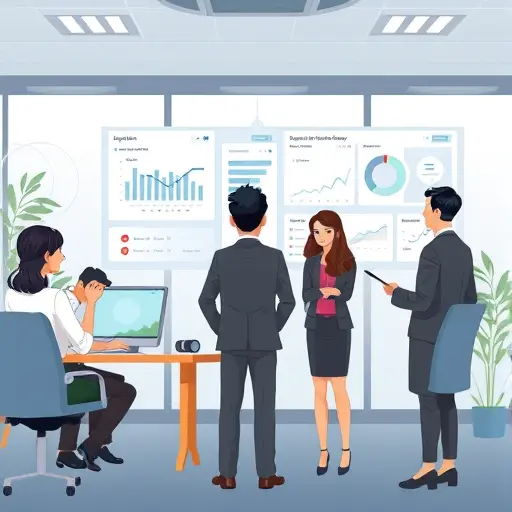 persian corporate office animated, digital dashboard of business metrics, Qwen AI assistant symbol, productive teamwork, cartoon style, text-free