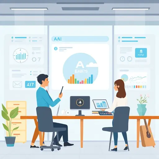 cartoon style illustration, various real-world use cases of an AI model, such as chatbots, email summarization, and content creation, on a digital dashboard, no text