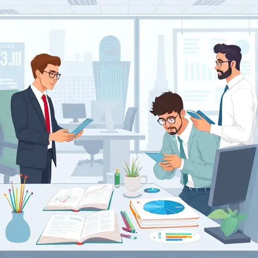 cartoon-style animated scene of Iranian students and professors working with AI-powered devices, data analysis charts, and digital books, showing technology-enhanced research, no text