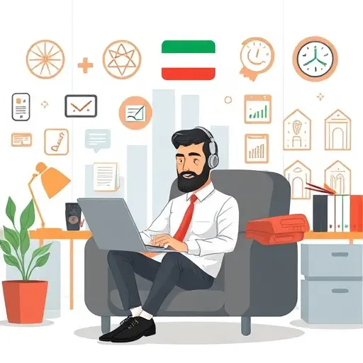 illustration of an Iranian user comfortably using AI, surrounded by cultural icons, Qwen 3