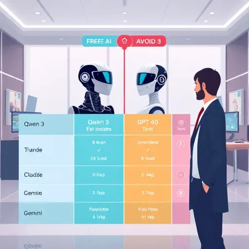 modern animated comparison chart of AI models Qwen 3, GPT-4o, Claude and Gemini, technology symbols, high-