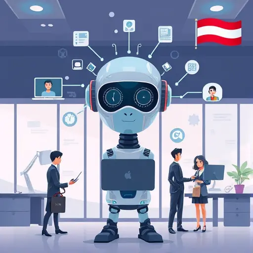 cartoon illustration of an advanced AI system, showcasing various applications like education, content creation, and data analysis, Iranian-