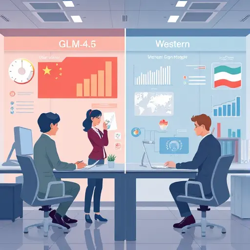 illustrated comparison between Chinese AI models like GLM-4.5 and western models, charts and icons, futuristic design, no text