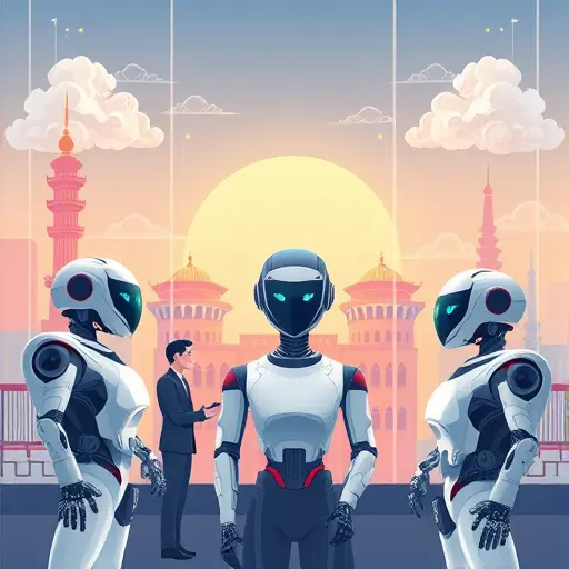 modern illustration of AI robots and digital clouds with Chinese-inspired architecture elements, abstract, tech-focused, no text