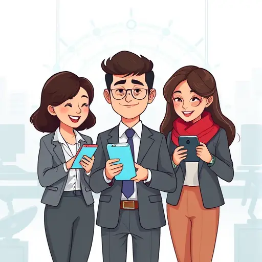 illustration of Iranian users happily using GapGPT platform on mobile devices, abstract technology motif in background, cartoon style, no text