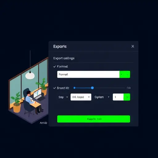 isometric illustration of export settings panel in an AI logo generator: format selection (SVG, PNG transparent), sizes, color variants, and brand kit toggle, sleek UI, dark background, green highlights, text-free