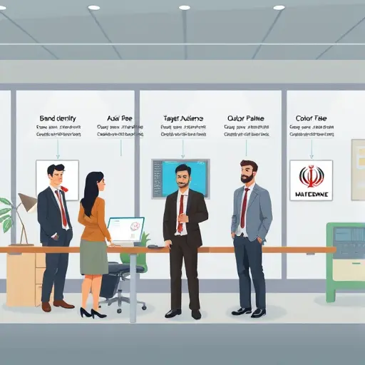 animated illustration of AI logo design workflow, showing prompt structure steps: brand identity, target audience, style, color palette, and output format;