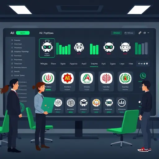 animated dashboard scene showing an AI platform selecting between multiple AI models (generic bot icons), generating multiple logo variants and color swatches; dark UI, green accent;