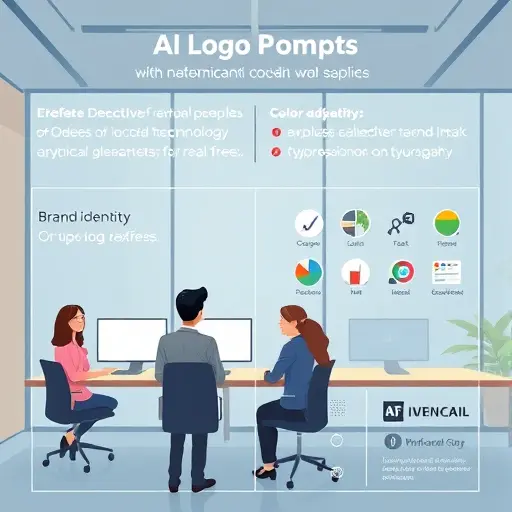 animated infographic showing AI logo prompt structure: brand identity, style adjectives, color swatches, and typography icons;
